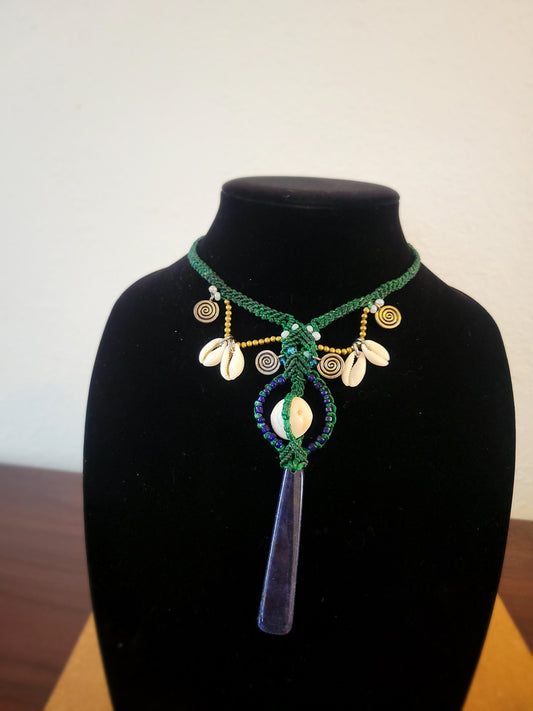 Purple Aventurine Pendant Necklace with Cowrie Shells - Stone of Prosperity - Boho Hippie Jewelry