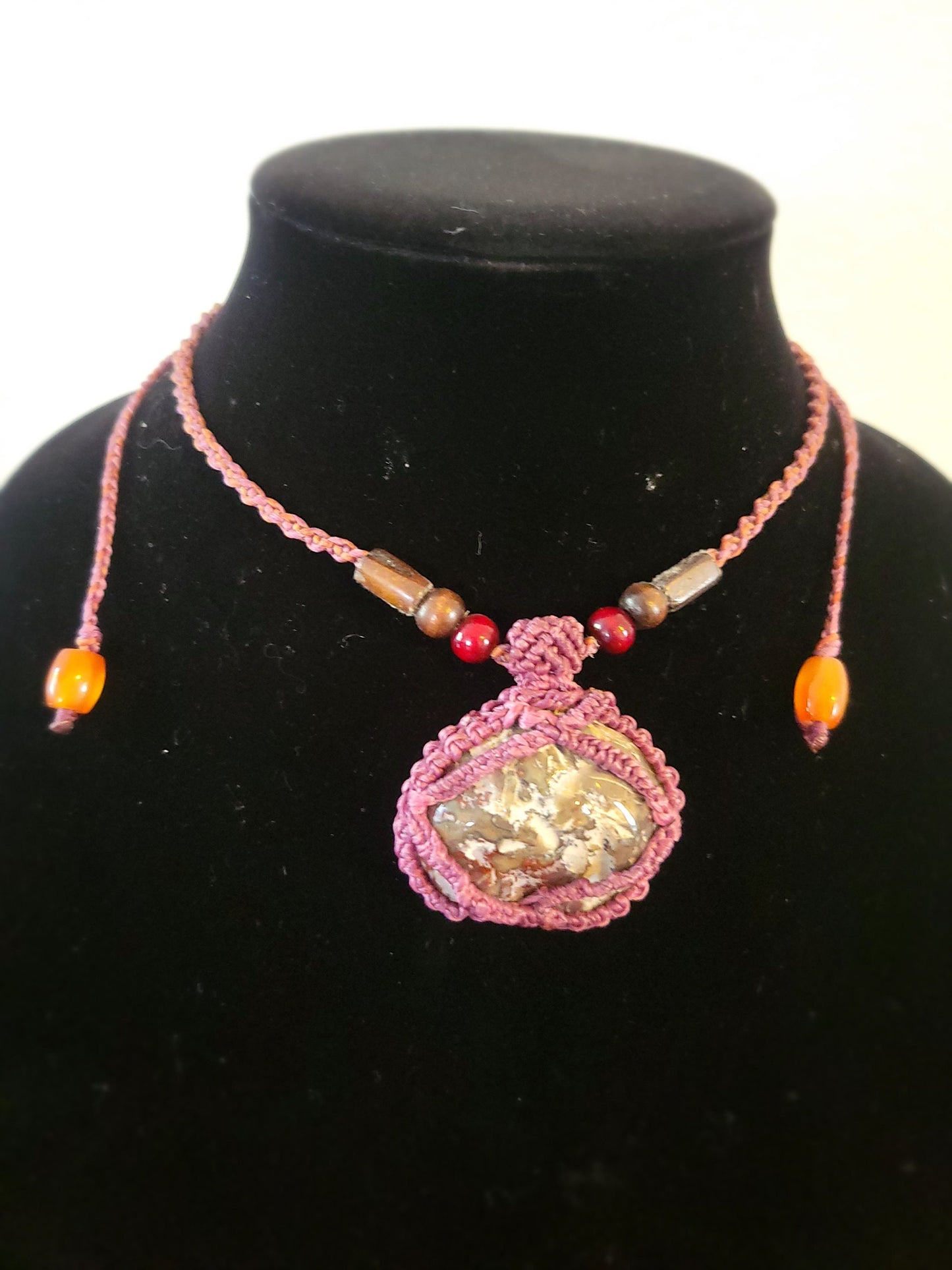 Dryhead Agate Stone Pendant Necklace - Wrapped in Pink Cotton Cord - Adjustable and Sustainable Bohemian Jewelry