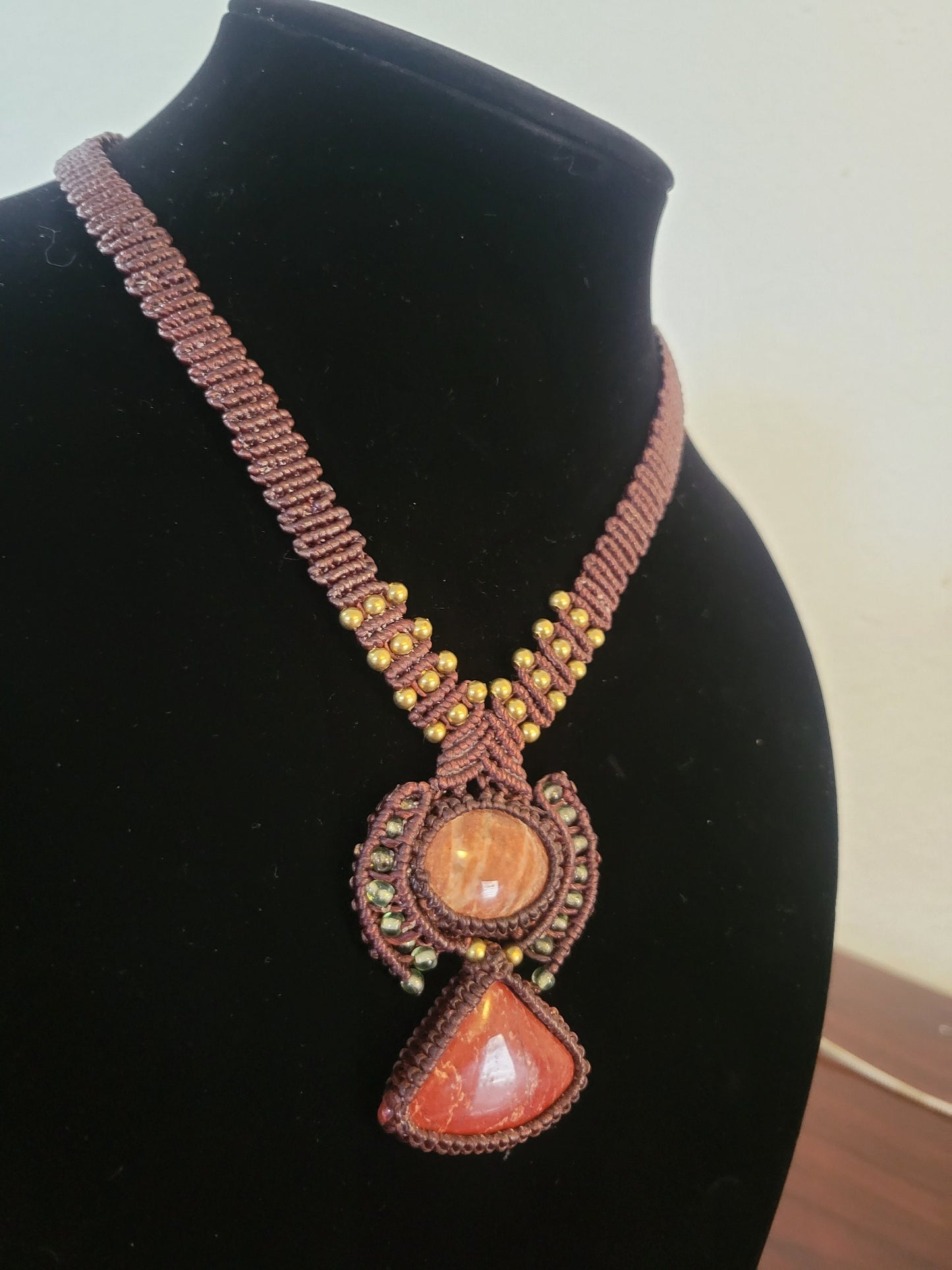 Boho-Style Macramé Red Jasper Dual Pendant Necklace with Brass Beads