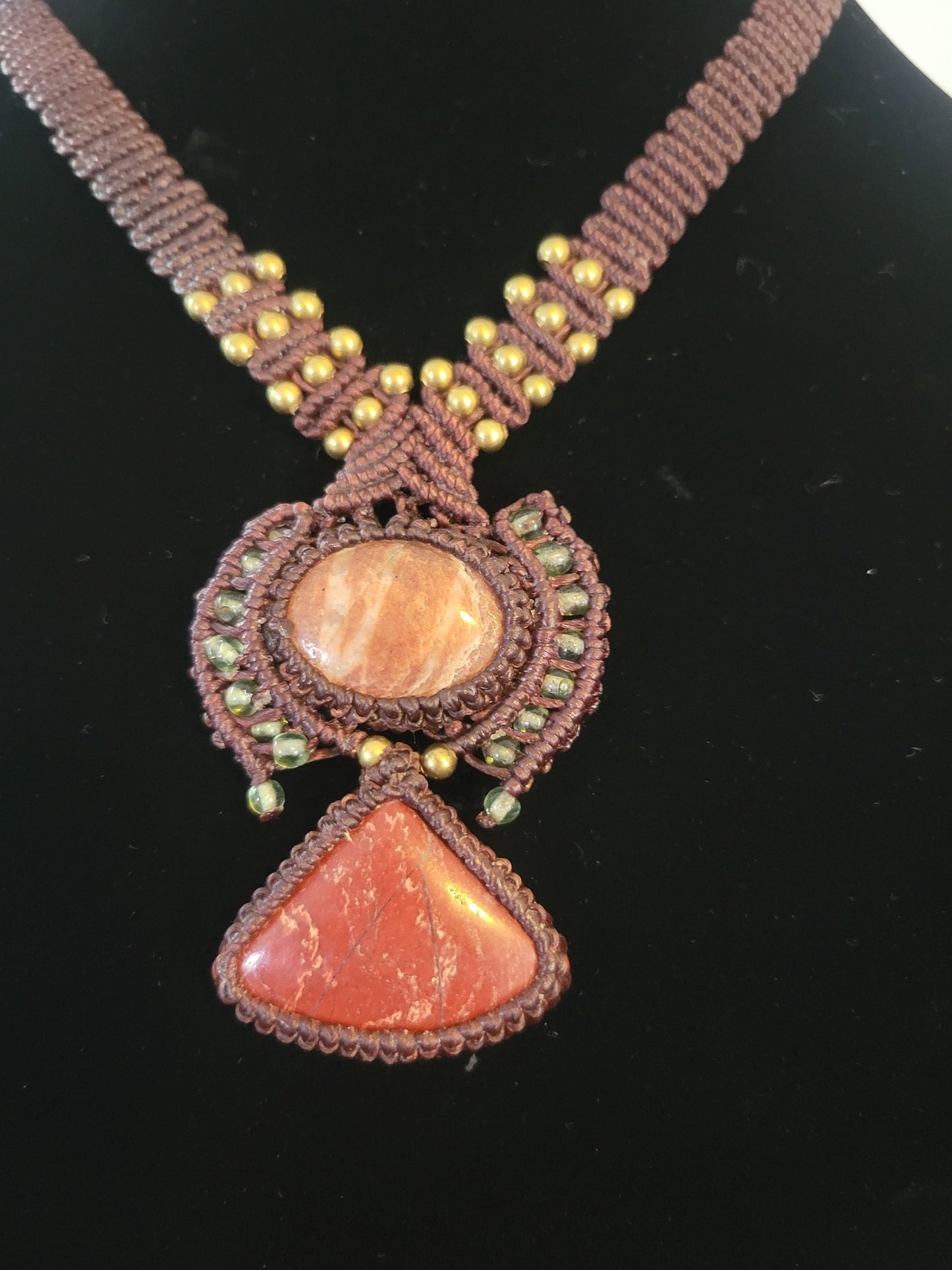 Boho-Style Macramé Red Jasper Dual Pendant Necklace with Brass Beads
